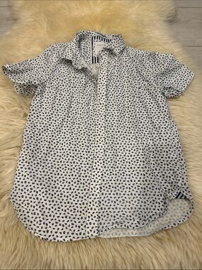 Cactus Short Sleeve White Button-Down Shirt with Navy Dot Print